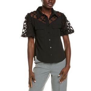 Gracia Womens  Floral Mesh Sleeve Top, Black